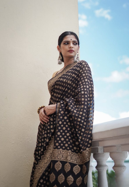 Black Cotton Silk Saree with Golden Weaving