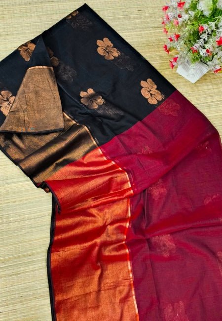 Elegant Black Handloom Mul Cotton Saree with Hibiscus Butta & Zari Weaving