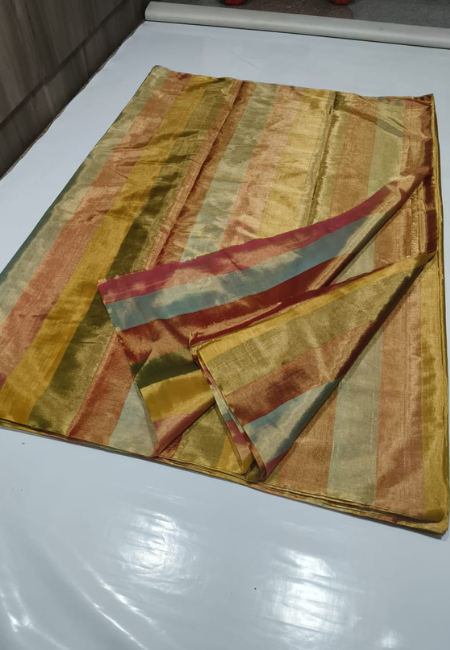 Pure Handloom Multicolour Golden Jari Tissue Saree with Running Tissue Pallu & Blouse