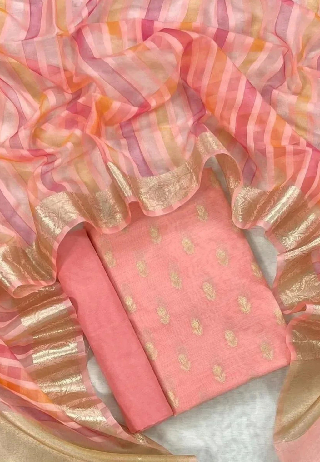 Unstitched Banarasi Chanderi Suit with Fancy Jacquard Stripe Dupatta – Soft Pink Festive Elegance