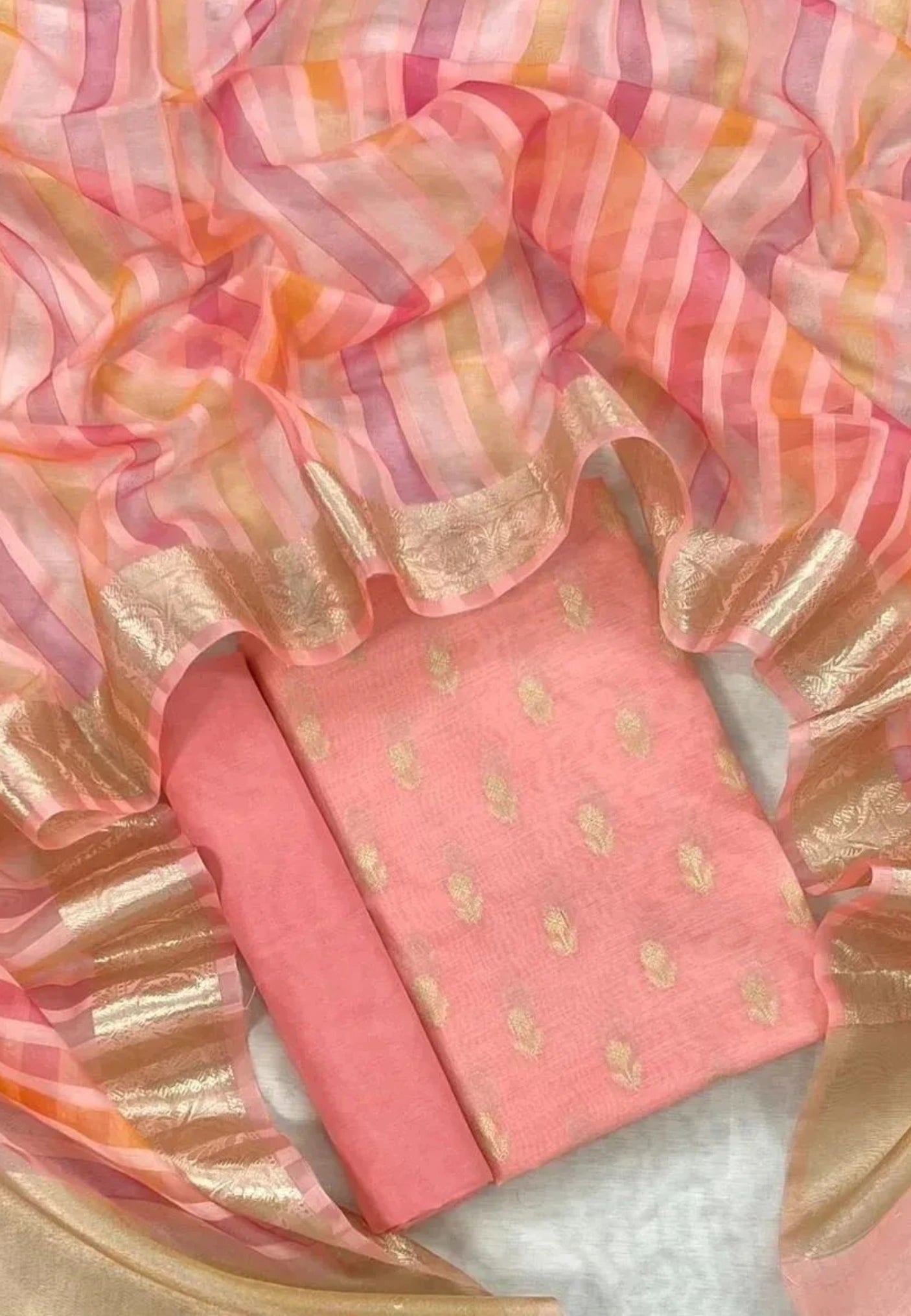 Unstitched Banarasi Chanderi Suit with Fancy Jacquard Stripe Dupatta – Soft Pink Festive Elegance