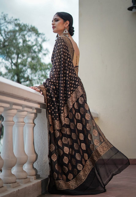 Black Cotton Silk Saree with Golden Weaving