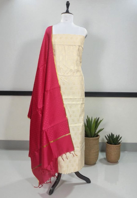 Unstitched Banarasi Brocade Suit with Pink Silk Dupatta – Elegant Winter Ethnic Wear