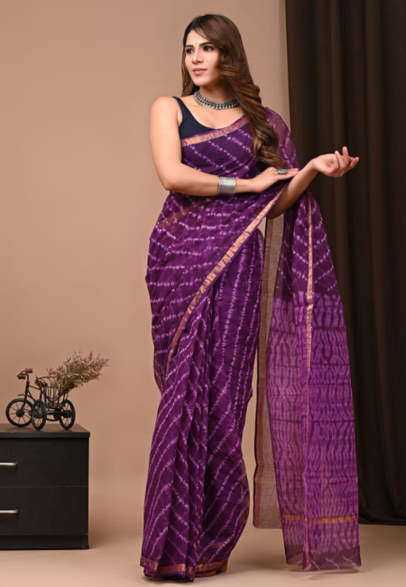 Royal Purple Kota Doriya Bandhej Print Saree with Zari Border