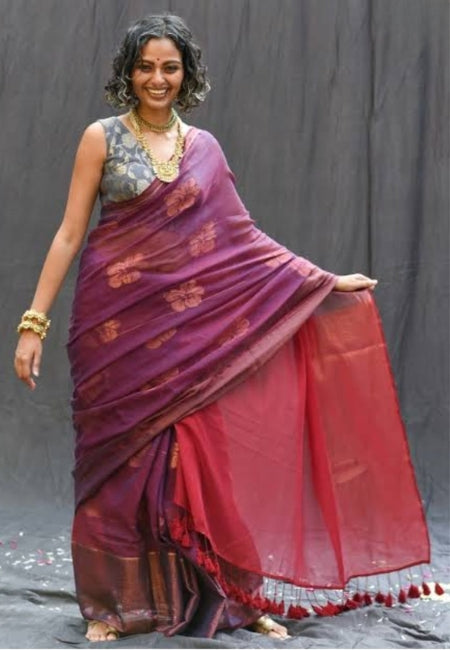 Elegant Wine Purple Handloom Mul Cotton Saree with Hibiscus Butta & Zari Weaving