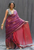 Elegant Wine Purple Handloom Mul Cotton Saree with Hibiscus Butta & Zari Weaving