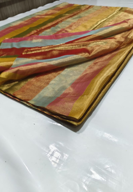 Pure Handloom Multicolour Golden Jari Tissue Saree with Running Tissue Pallu & Blouse