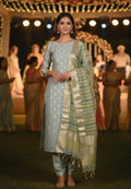 Unstitched Banarasi Chanderi Suit with Fancy Jacquard Stripe Dupatta – Powder Blue Festive Elegance