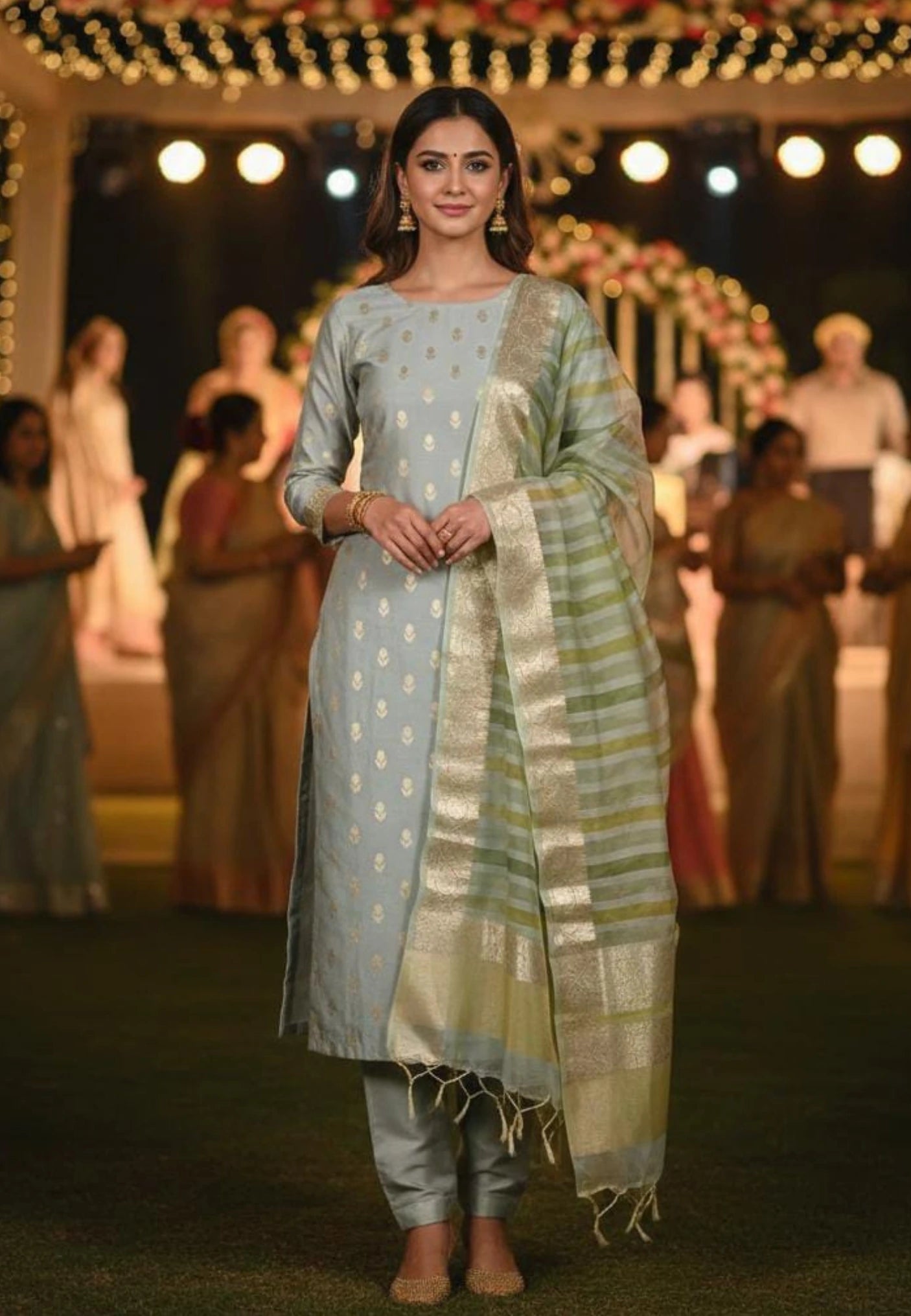 Unstitched Banarasi Chanderi Suit with Fancy Jacquard Stripe Dupatta – Powder Blue Festive Elegance