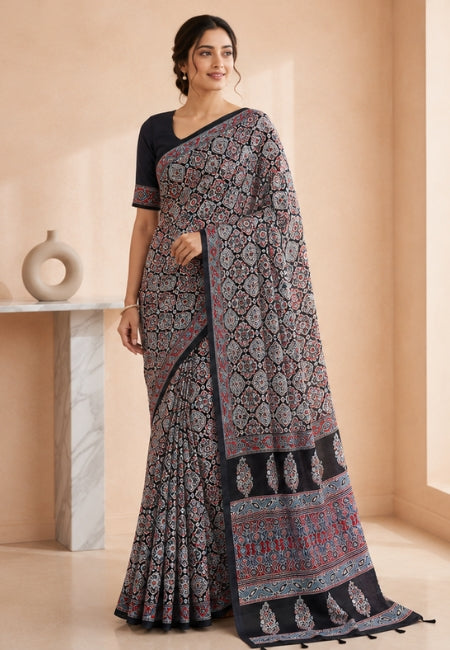 Black Semi Modal Silk Saree with Traditional Floral Print & Elegant Contrast Border