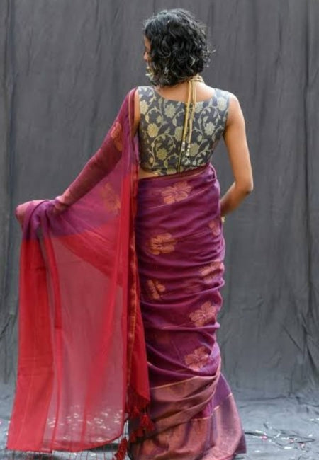 Elegant Wine Purple Handloom Mul Cotton Saree with Hibiscus Butta & Zari Weaving
