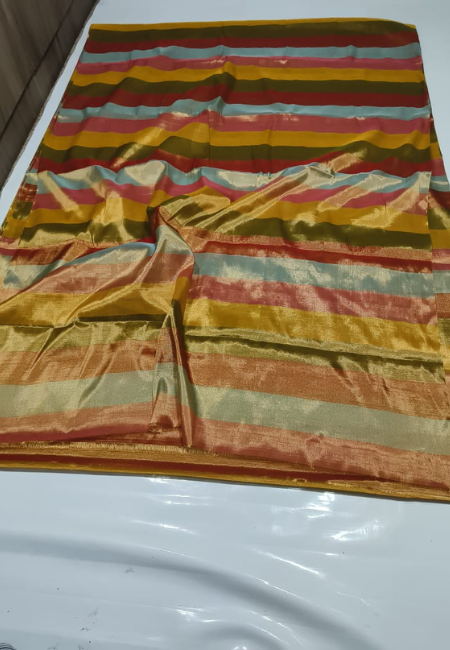 Pure Handloom Multicolour Golden Jari Tissue Saree with Running Tissue Pallu & Blouse