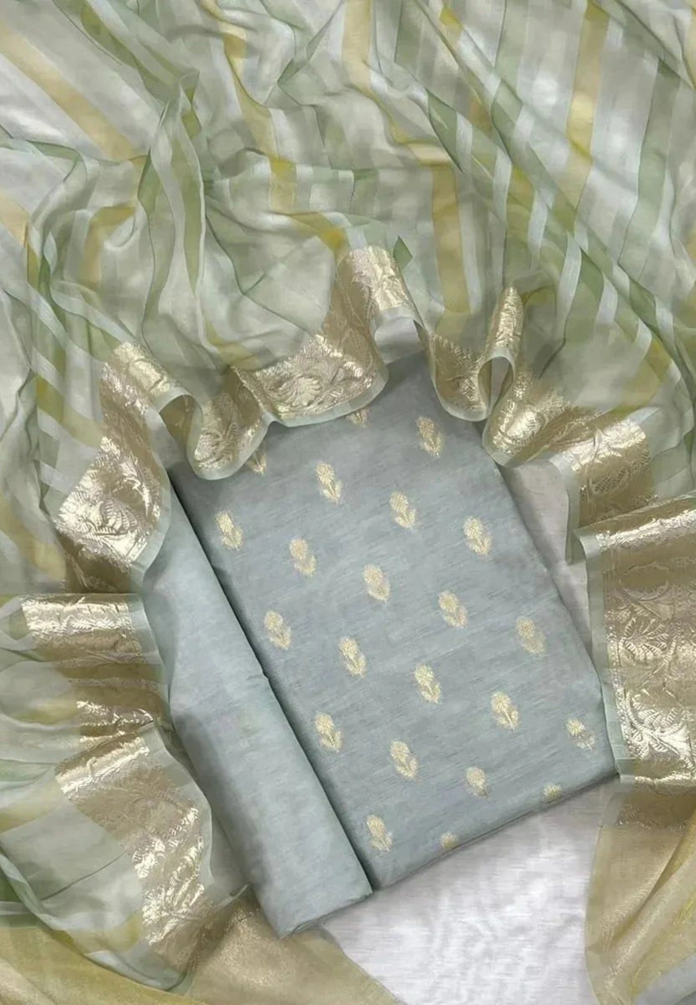 Unstitched Banarasi Chanderi Suit with Fancy Jacquard Stripe Dupatta – Powder Blue Festive Elegance