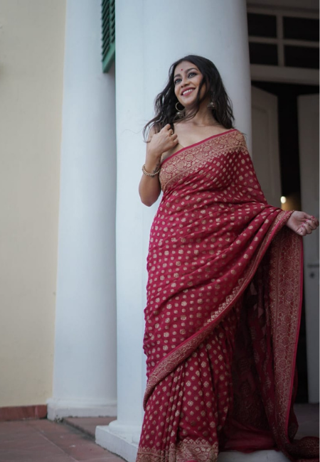 Red Cotton Silk Saree with Golden Weaving