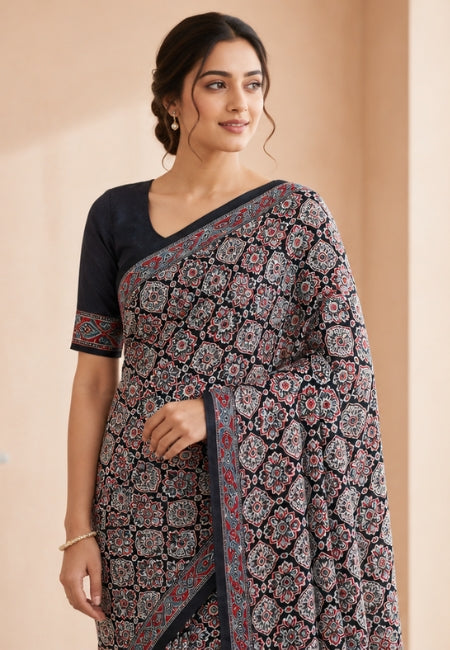 Black Semi Modal Silk Saree with Traditional Floral Print & Elegant Contrast Border