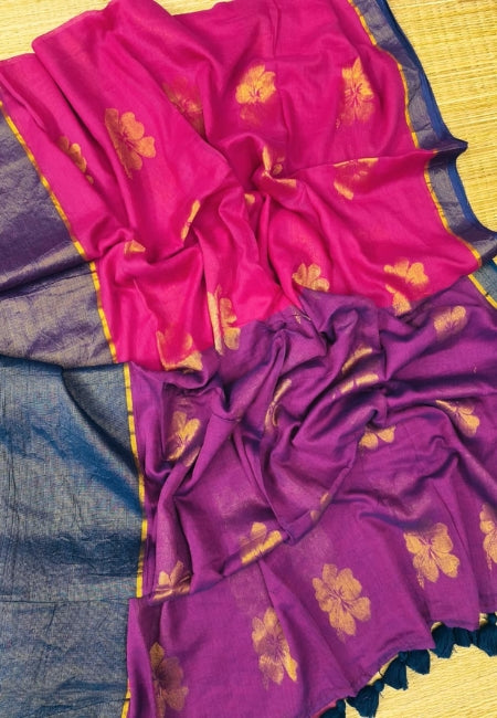 Elegant Wine Purple Handloom Mul Cotton Saree with Hibiscus Butta & Zari Weaving