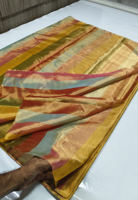 Pure Handloom Multicolour Golden Jari Tissue Saree with Running Tissue Pallu & Blouse