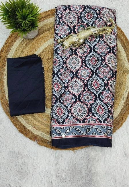 Black Semi Modal Silk Saree with Traditional Floral Print & Elegant Contrast Border