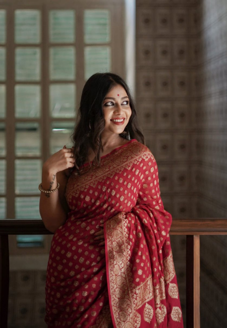 Red Cotton Silk Saree with Golden Weaving