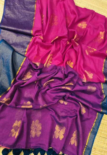 Elegant Wine Purple Handloom Mul Cotton Saree with Hibiscus Butta & Zari Weaving