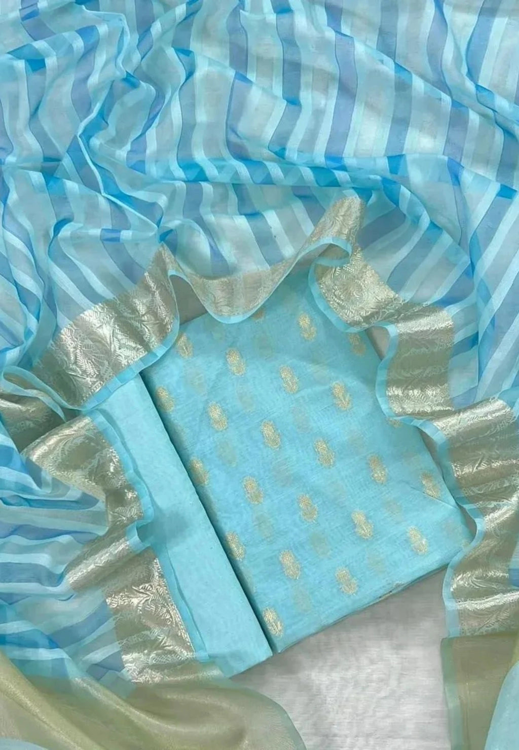 Unstitched Banarasi Chanderi Suit with Fancy Jacquard Stripe Dupatta – Aqua Blue Festive Elegance