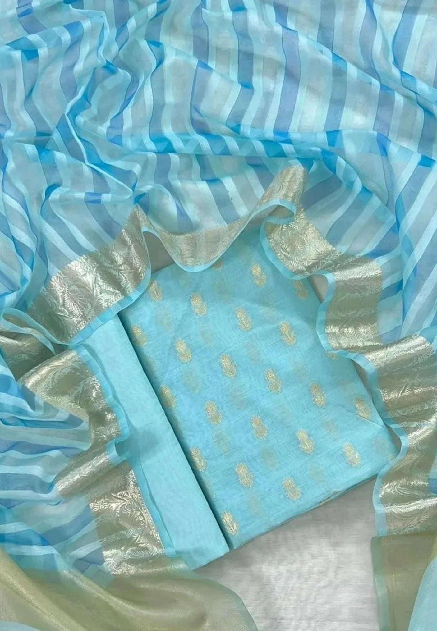 Unstitched Banarasi Chanderi Suit with Fancy Jacquard Stripe Dupatta – Aqua Blue Festive Elegance