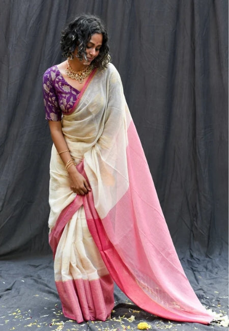Elegant Cream Off-White Handloom Mul Cotton Saree with Hibiscus Butta & Zari Weaving