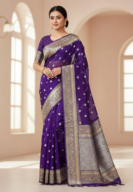 Royal Purple Banarasi Soft Organza Silk Woven Dyeable Saree with Zari Border