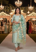 Unstitched Banarasi Chanderi Suit with Fancy Jacquard Stripe Dupatta – Mint Aqua Festive Elegance