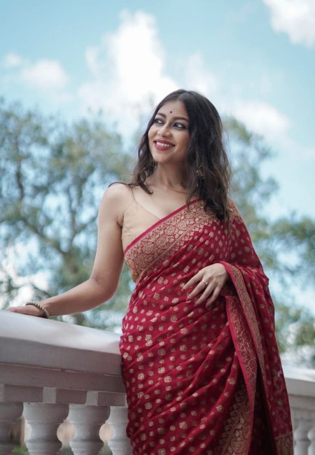 Red Cotton Silk Saree with Golden Weaving