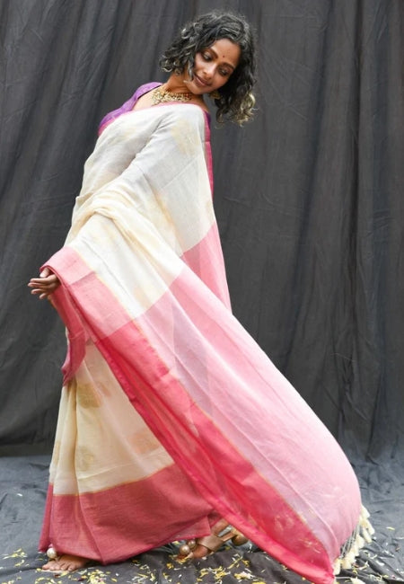 Elegant Cream Off-White Handloom Mul Cotton Saree with Hibiscus Butta & Zari Weaving