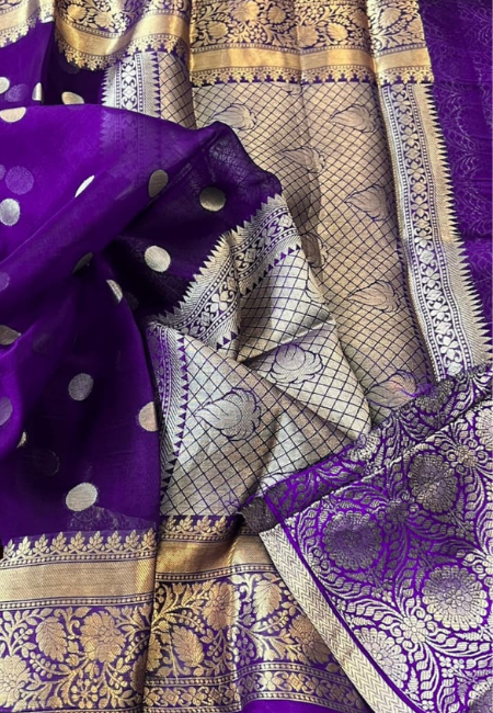 Royal Purple Banarasi Soft Organza Silk Woven Dyeable Saree with Zari Border
