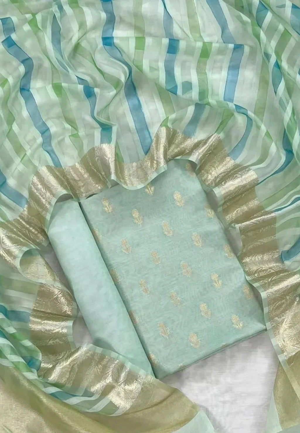 Unstitched Banarasi Chanderi Suit with Fancy Jacquard Stripe Dupatta – Mint Aqua Festive Elegance