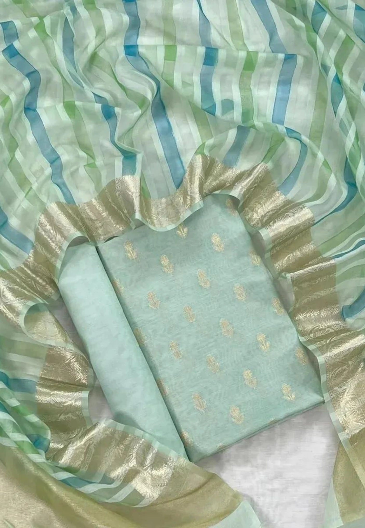 Unstitched Banarasi Chanderi Suit with Fancy Jacquard Stripe Dupatta – Mint Aqua Festive Elegance