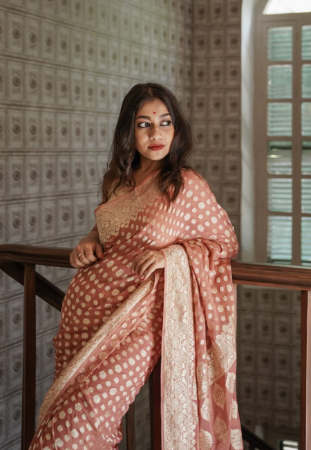 Peach Cotton Silk Saree with Golden Weaving