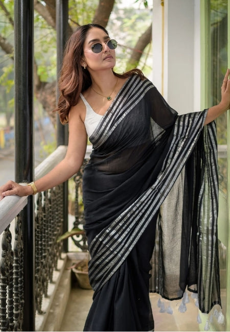 Elegant Black Pure Mulmul Cotton Saree with Striped Design