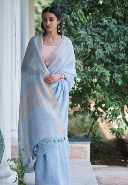 Pastel Blue Pure Linen Saree
