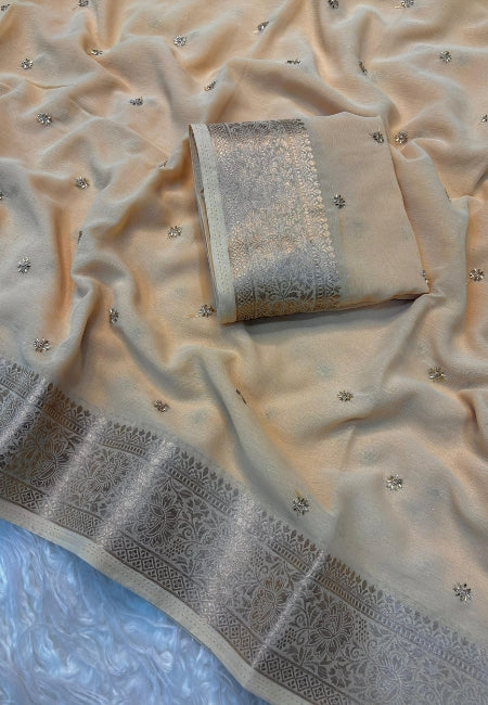 Cream Chiffon Party Wear Saree with Silver Jacquard Border & Delicate Bead Work