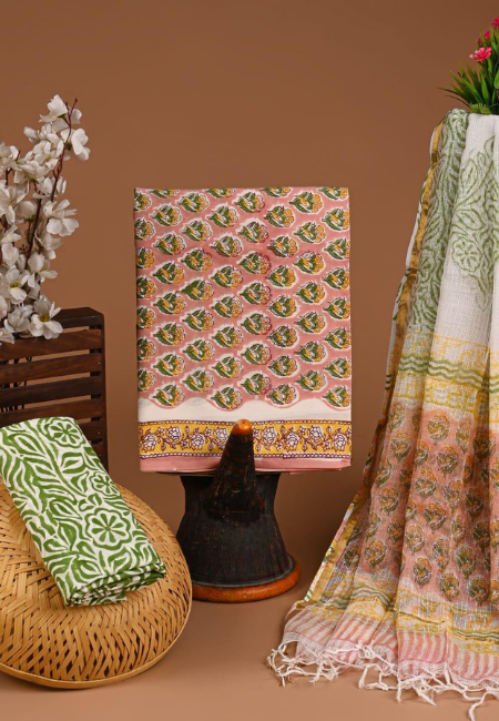 Unstitched Cotton Suits With Kota Doria Dupatta Coral Blush