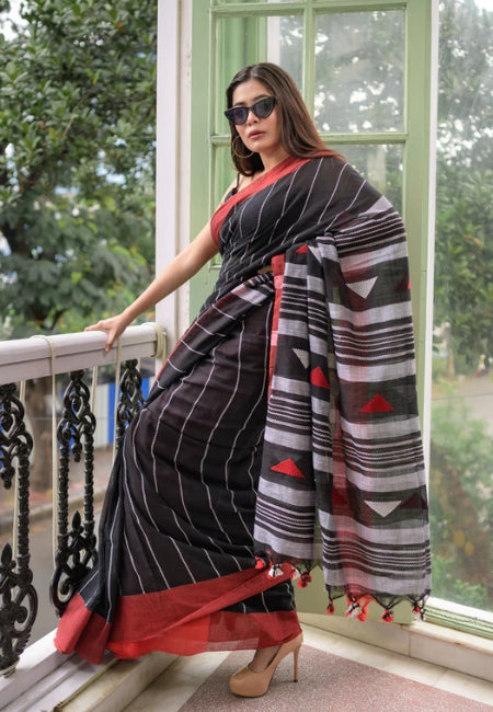 Black Mul Cotton Saree with Tassel Work & Running Blouse Piece