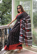 Black Mul Cotton Saree with Tassel Work & Running Blouse Piece