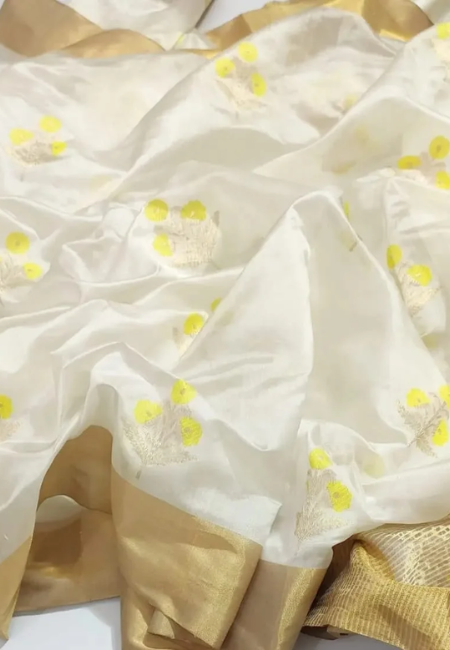 Off-White Chanderi Pattu Silk Saree with Yellow Self-Design and Metallic Zari Border
