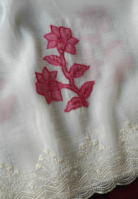White Silk Saree with Pink Flower Design