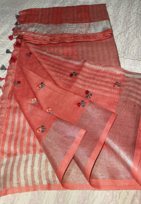 Blush Pink Pure Linen Saree with Tassel Detailing