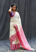 Elegant Cream Off-White Handloom Mul Cotton Saree with Hibiscus Butta & Zari Weaving