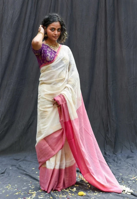 Elegant Cream Off-White Handloom Mul Cotton Saree with Hibiscus Butta & Zari Weaving