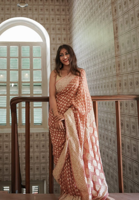 Peach Cotton Silk Saree with Golden Weaving