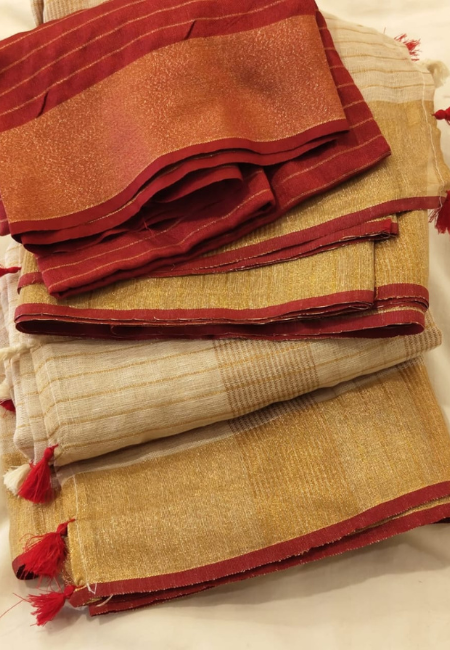 Cream Pure Linen Saree with Red And Golden Border