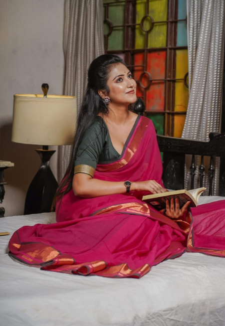 Rani Pink Pure Mul Cotton Saree with Copper-Golden Zari Border & Green Tassels