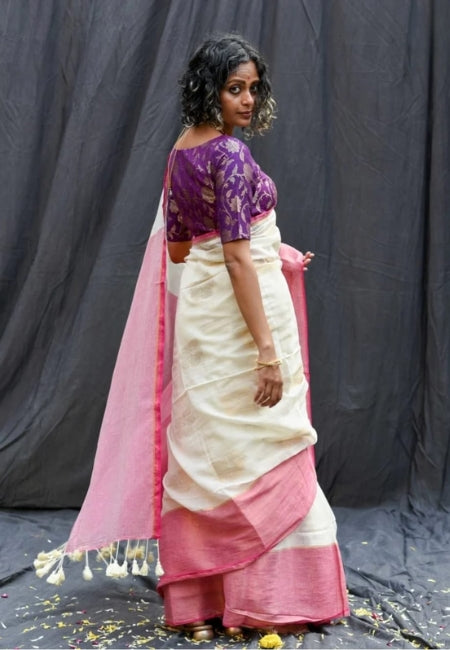 Elegant Cream Off-White Handloom Mul Cotton Saree with Hibiscus Butta & Zari Weaving